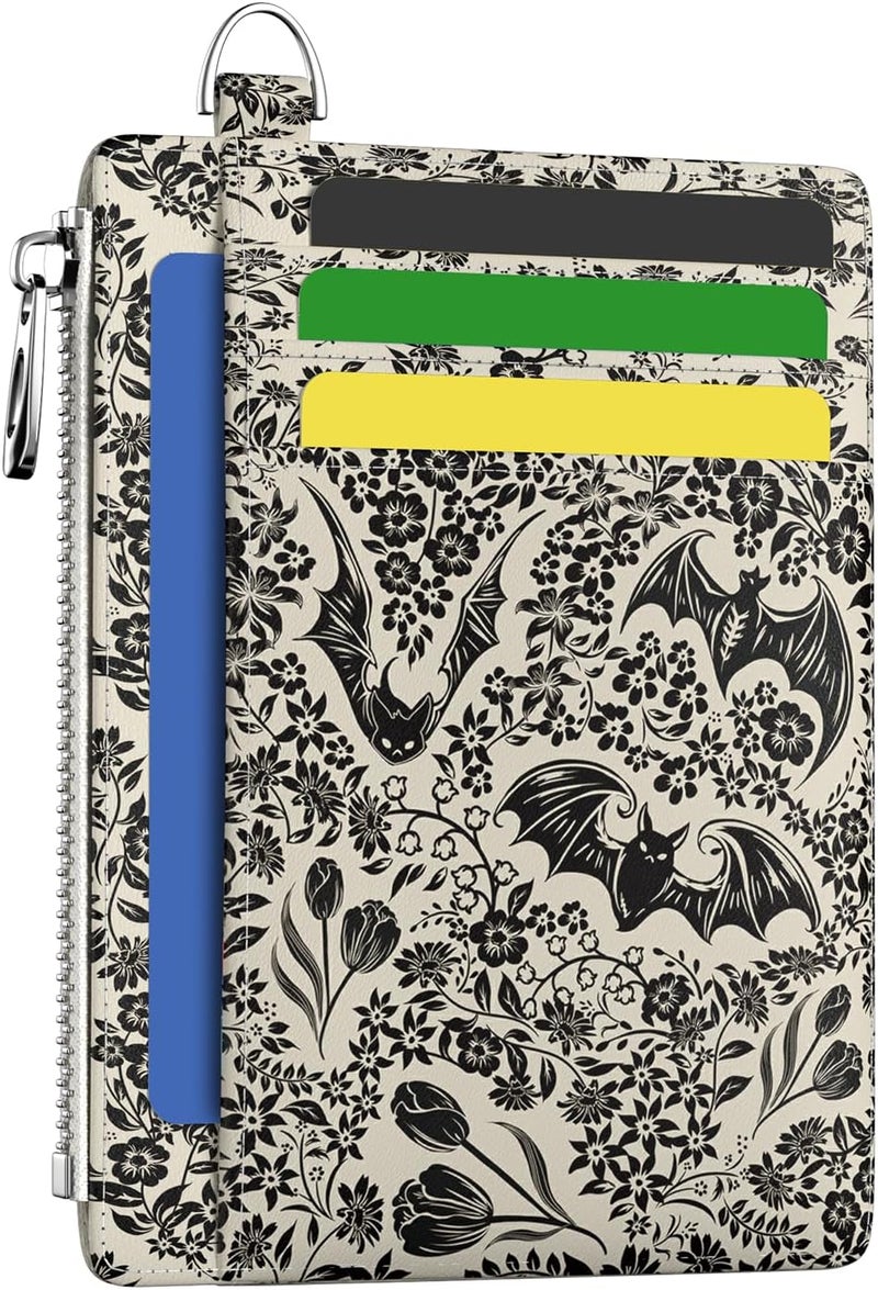 Hancynir Goth Bat Floral Slim Wallet Women Credit Card Holder Gothic Flower RFID Blocking Small Cute Card Wallets Mini Front Pocket PU Leather Thin Travel Zipper Coin Cash Ladies Female Wallet Gifts - Image 1